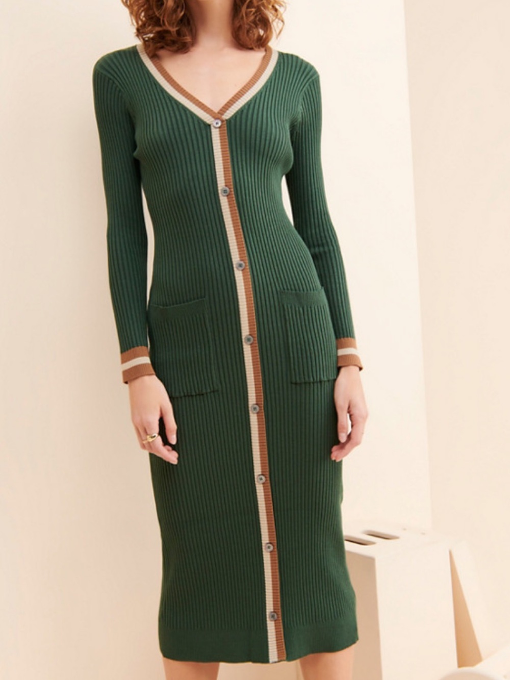Dark green ribbed knit midi button-front cardigan dress size medium